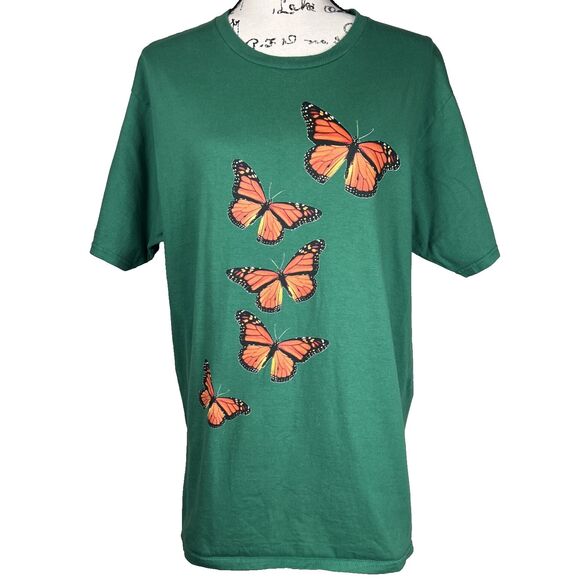 Jimmo Designs Tops - Jimmo Designs Women's Sz L Short-Sleeve T-Shirt Monarch Butterflies on Green
